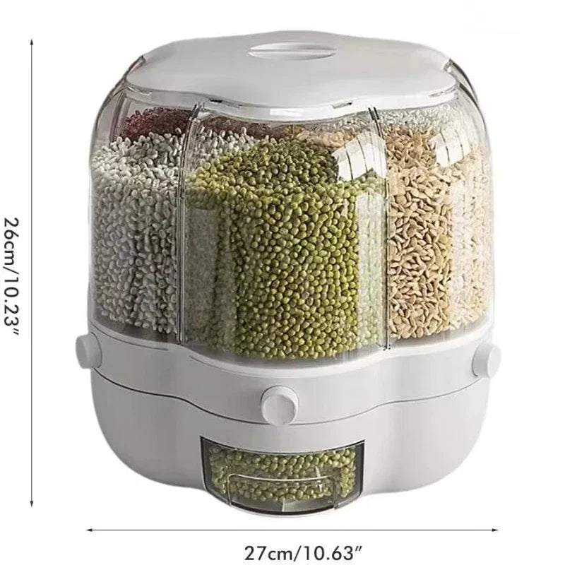 360° Rotating Cereal Dispenser Container Countertop Food Flour Snack Display Dry Food Storage Jar Tank 6-Grid Food Container