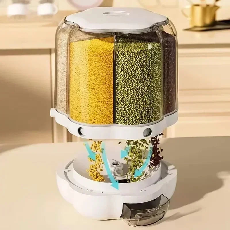 360° Rotating Cereal Dispenser Container Countertop Food Flour Snack Display Dry Food Storage Jar Tank 6-Grid Food Container