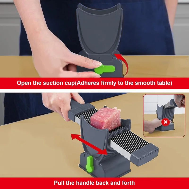 Fresh Meat Slicer for Home – Manual Stainless Steel Cutter with Adjustable Thickness (2mm/4mm), 17-Blade Precision Design