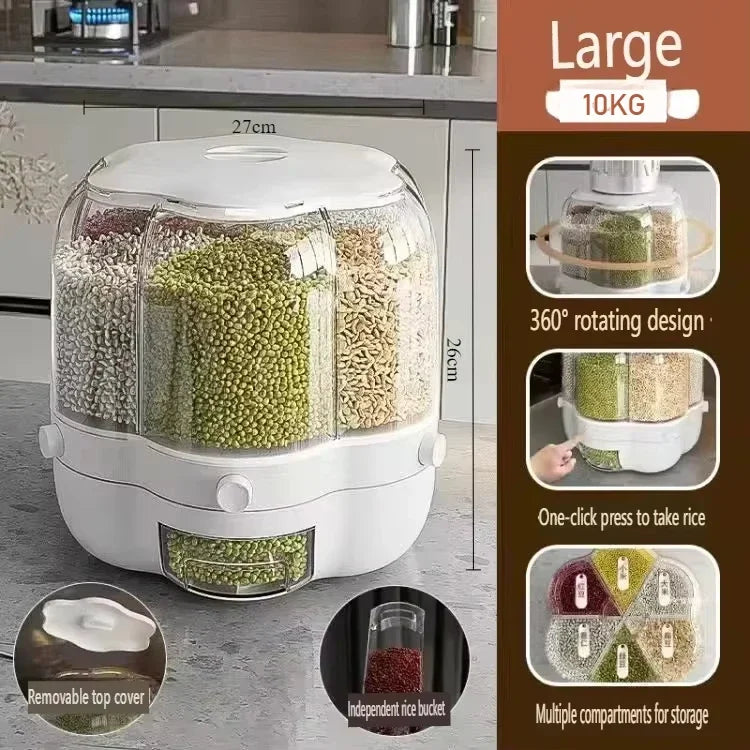 360° Rotating Cereal Dispenser Container Countertop Food Flour Snack Display Dry Food Storage Jar Tank 6-Grid Food Container