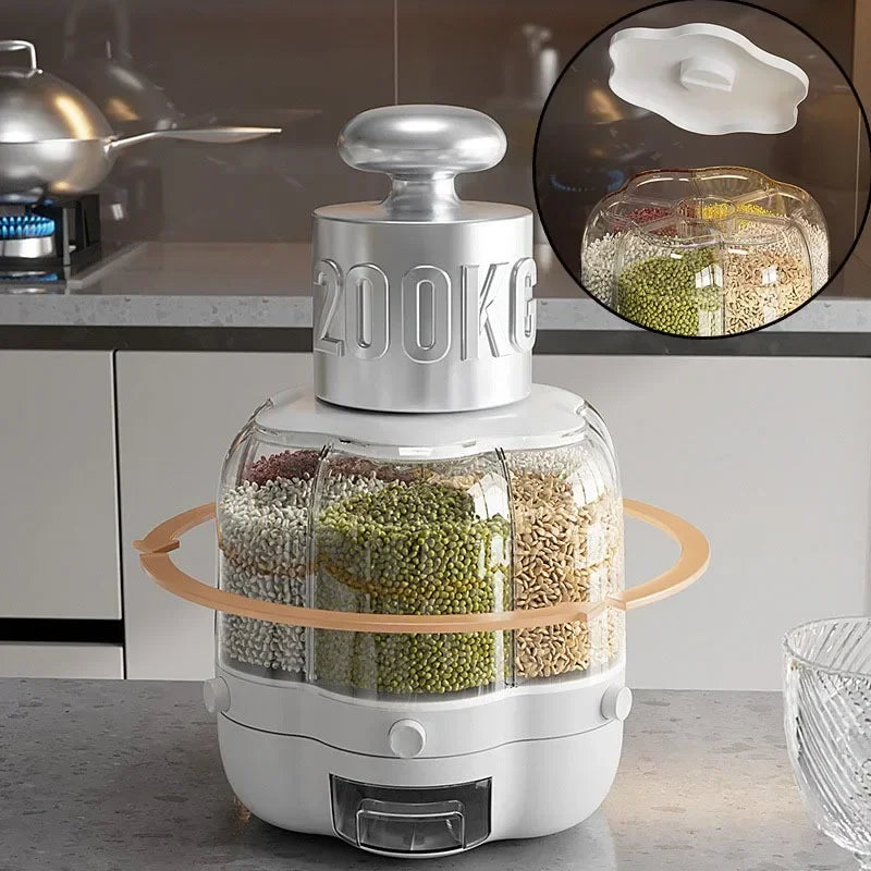 360° Rotating Cereal Dispenser Container Countertop Food Flour Snack Display Dry Food Storage Jar Tank 6-Grid Food Container