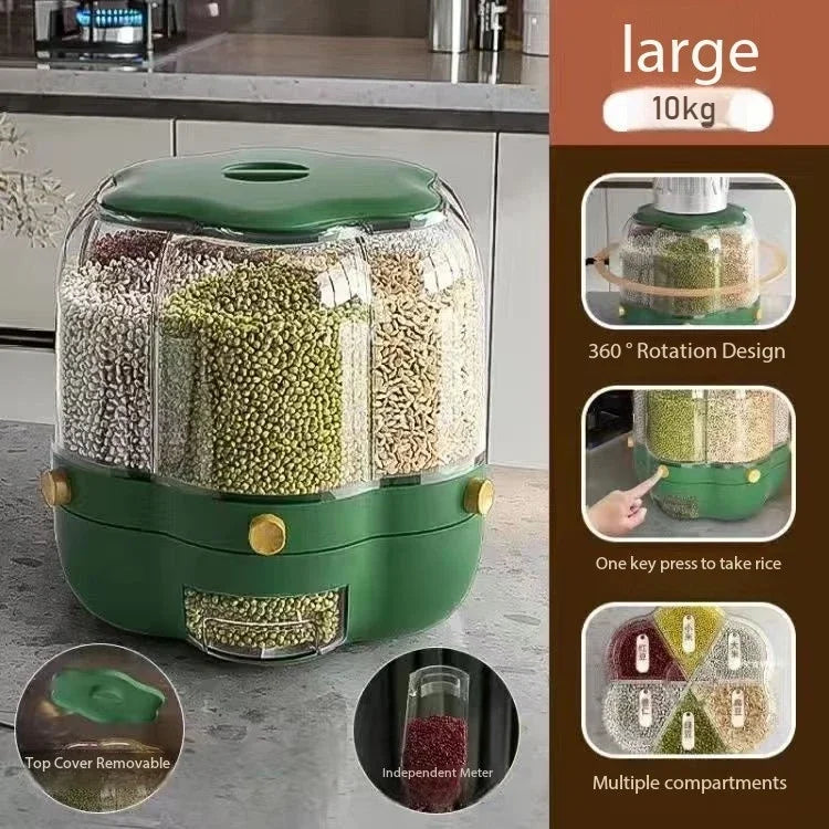 360° Rotating Cereal Dispenser Container Countertop Food Flour Snack Display Dry Food Storage Jar Tank 6-Grid Food Container