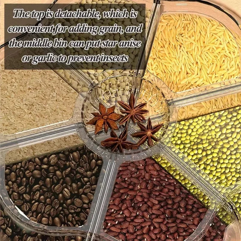 360° Rotating Cereal Dispenser Container Countertop Food Flour Snack Display Dry Food Storage Jar Tank 6-Grid Food Container