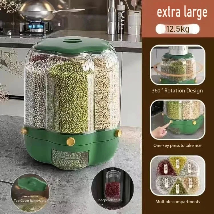 360° Rotating Cereal Dispenser Container Countertop Food Flour Snack Display Dry Food Storage Jar Tank 6-Grid Food Container
