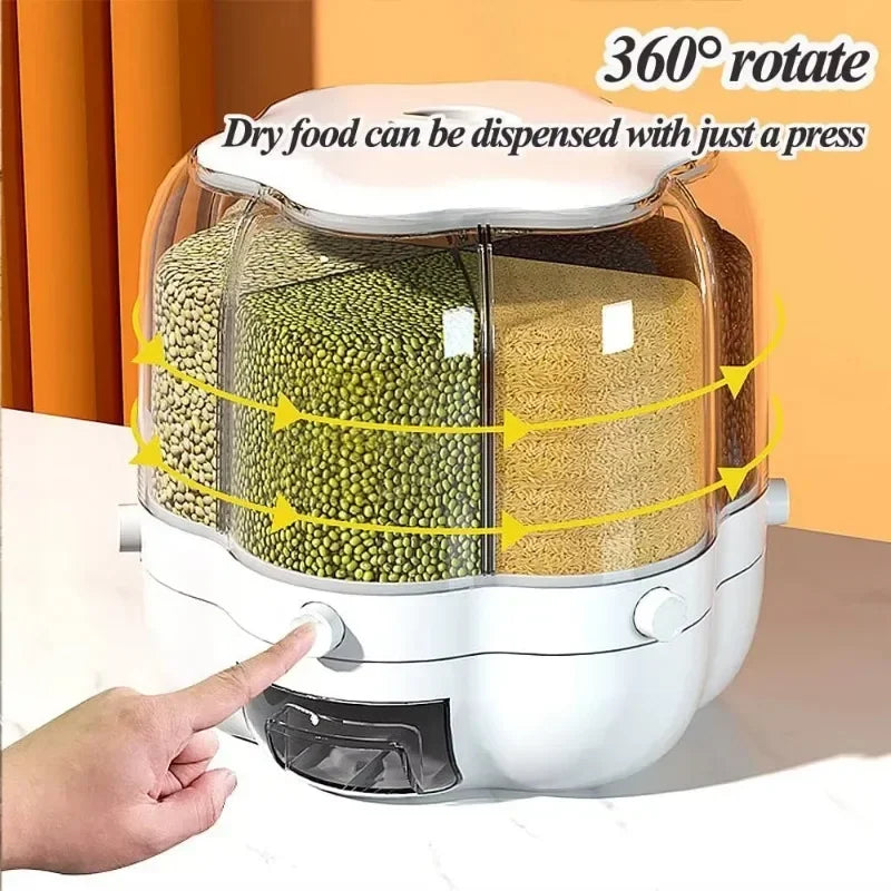 360° Rotating Cereal Dispenser Container Countertop Food Flour Snack Display Dry Food Storage Jar Tank 6-Grid Food Container