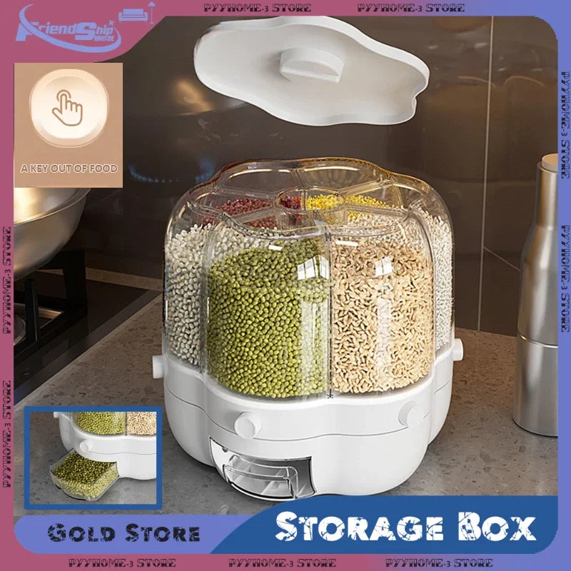 360° Rotating Cereal Dispenser Container Countertop Food Flour Snack Display Dry Food Storage Jar Tank 6-Grid Food Container