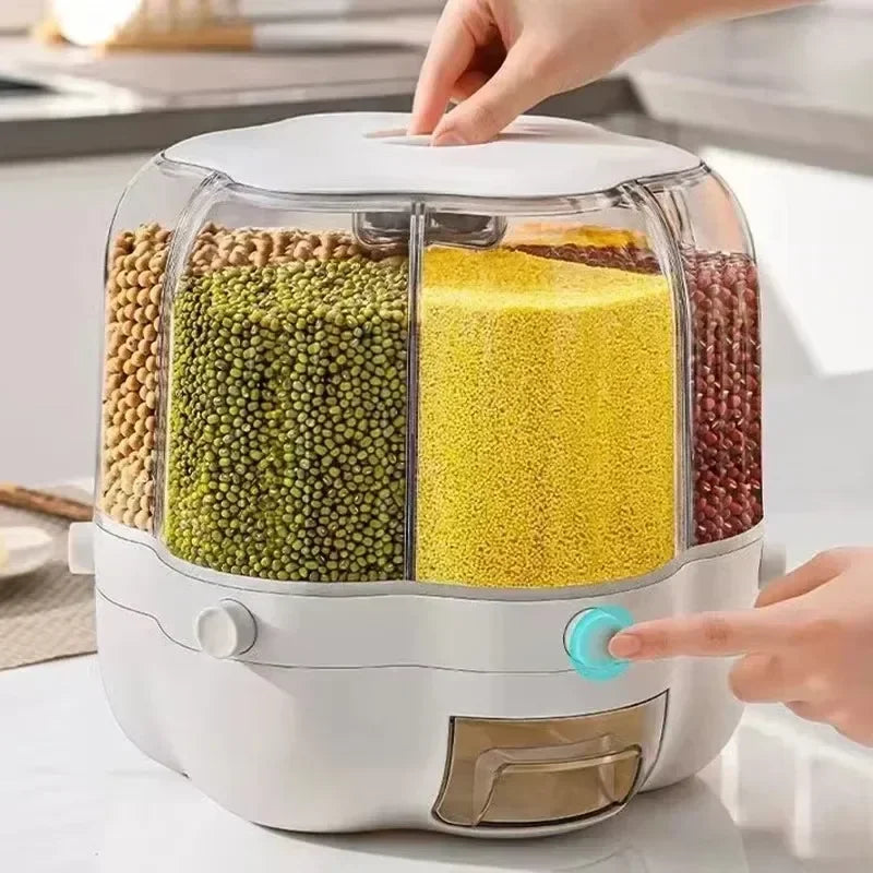 360° Rotating Cereal Dispenser Container Countertop Food Flour Snack Display Dry Food Storage Jar Tank 6-Grid Food Container