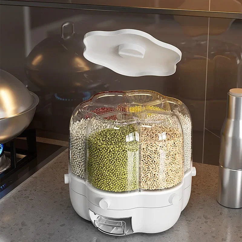 360° Rotating Cereal Dispenser Container Countertop Food Flour Snack Display Dry Food Storage Jar Tank 6-Grid Food Container