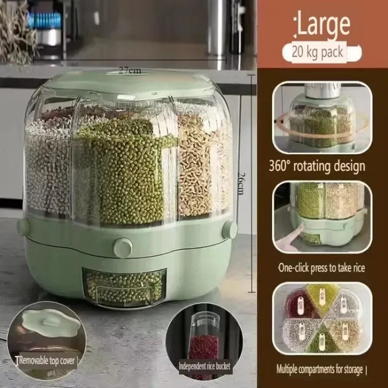 360° Rotating Cereal Dispenser Container Countertop Food Flour Snack Display Dry Food Storage Jar Tank 6-Grid Food Container
