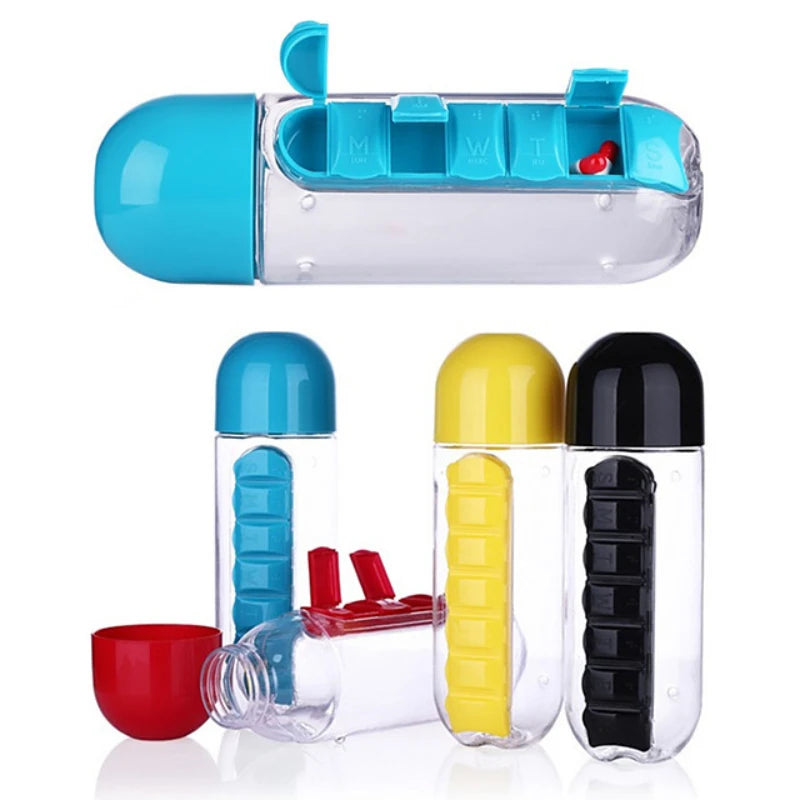 2-in-1 Water Bottle with Pill Organizer – 600ml Sports Bottle with 7-Day Box