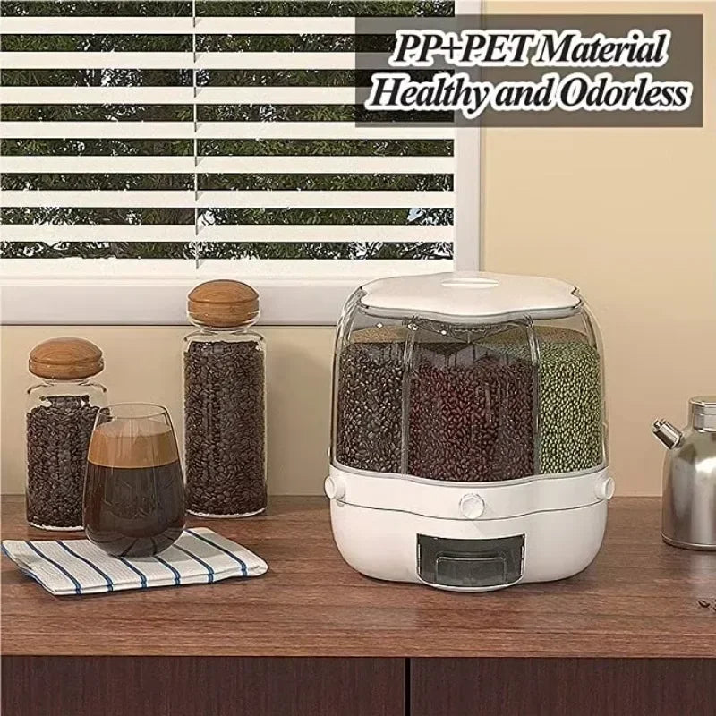 360° Rotating Cereal Dispenser Container Countertop Food Flour Snack Display Dry Food Storage Jar Tank 6-Grid Food Container