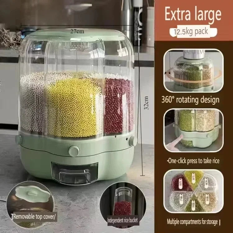 360° Rotating Cereal Dispenser Container Countertop Food Flour Snack Display Dry Food Storage Jar Tank 6-Grid Food Container