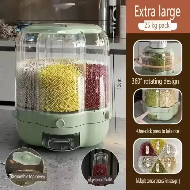 360° Rotating Cereal Dispenser Container Countertop Food Flour Snack Display Dry Food Storage Jar Tank 6-Grid Food Container