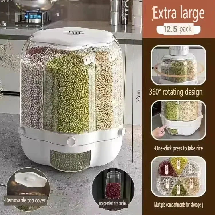 360° Rotating Cereal Dispenser Container Countertop Food Flour Snack Display Dry Food Storage Jar Tank 6-Grid Food Container
