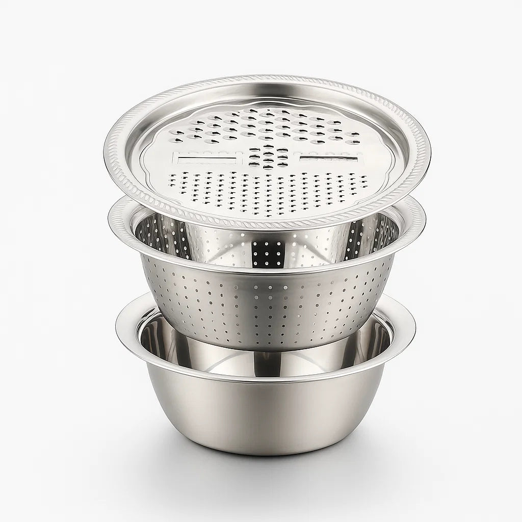 3-in-1 Multifunctional Vegetable Slicer Set – Stainless Steel Cutter & Drain Basket