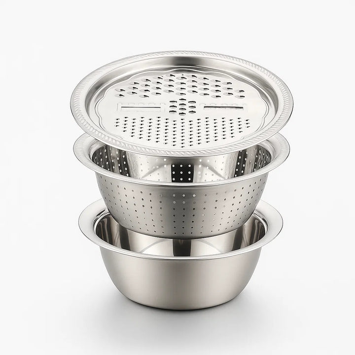 3-in-1 Multifunctional Vegetable Slicer Set – Stainless Steel Cutter & Drain Basket