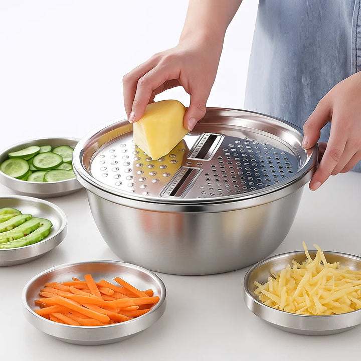 3-in-1 Multifunctional Vegetable Slicer Set – Stainless Steel Cutter & Drain Basket
