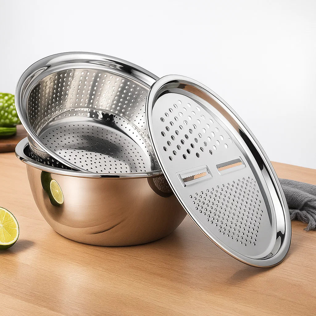 3-in-1 Multifunctional Vegetable Slicer Set – Stainless Steel Cutter & Drain Basket