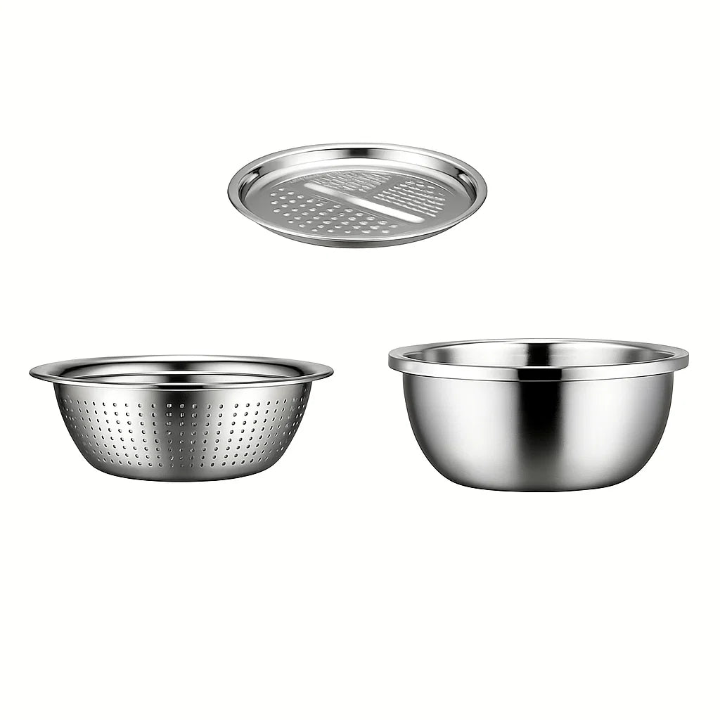 3-in-1 Multifunctional Vegetable Slicer Set – Stainless Steel Cutter & Drain Basket